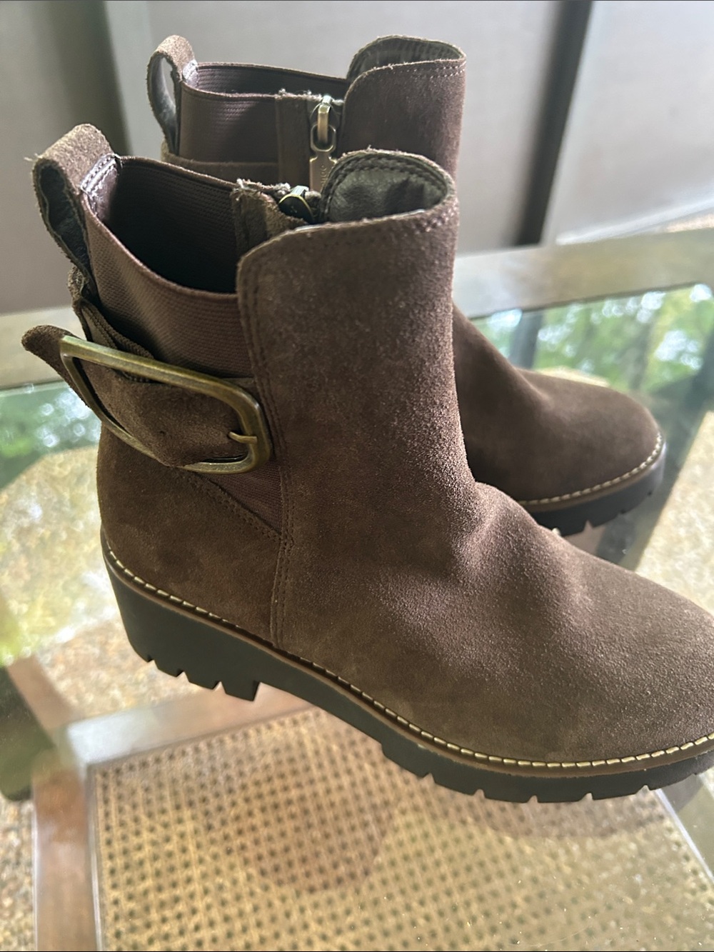 Blondo Dark Brown Suede Ankle Booties with Buckle Detail